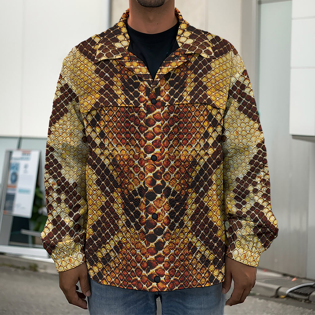Yellow And Brown Snakeskin Print Men's Shirt Jacket