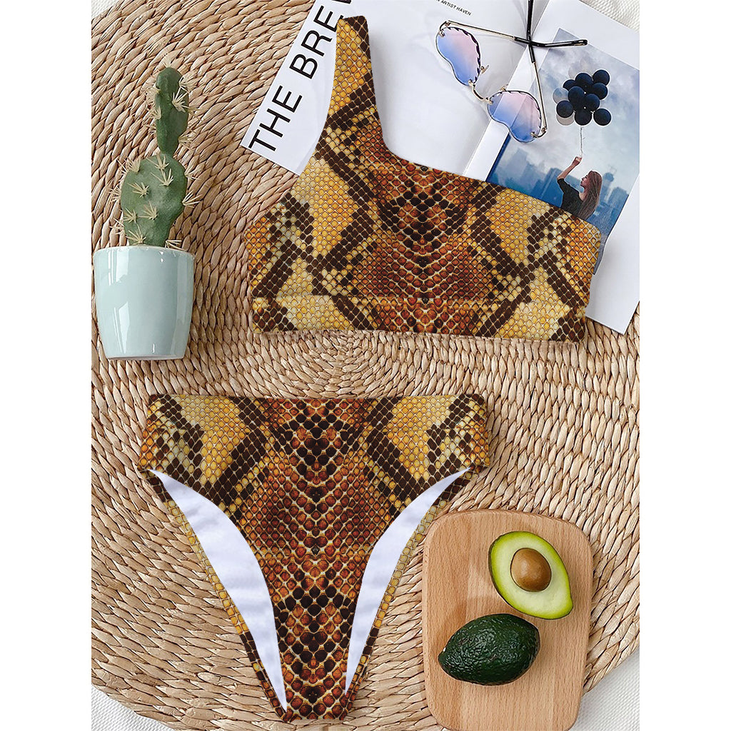 Yellow And Brown Snakeskin Print One Shoulder Bikini Top