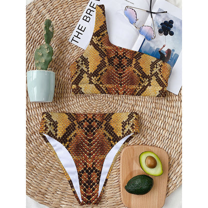 Yellow And Brown Snakeskin Print One Shoulder Bikini Top