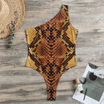 Yellow And Brown Snakeskin Print One Shoulder Bodysuit