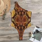 Yellow And Brown Snakeskin Print One Shoulder Bodysuit