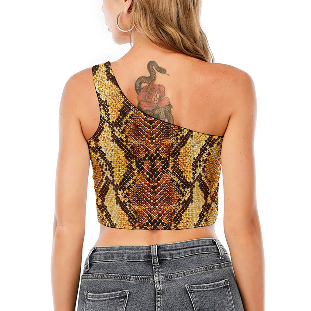 Yellow And Brown Snakeskin Print One Shoulder Crop Top