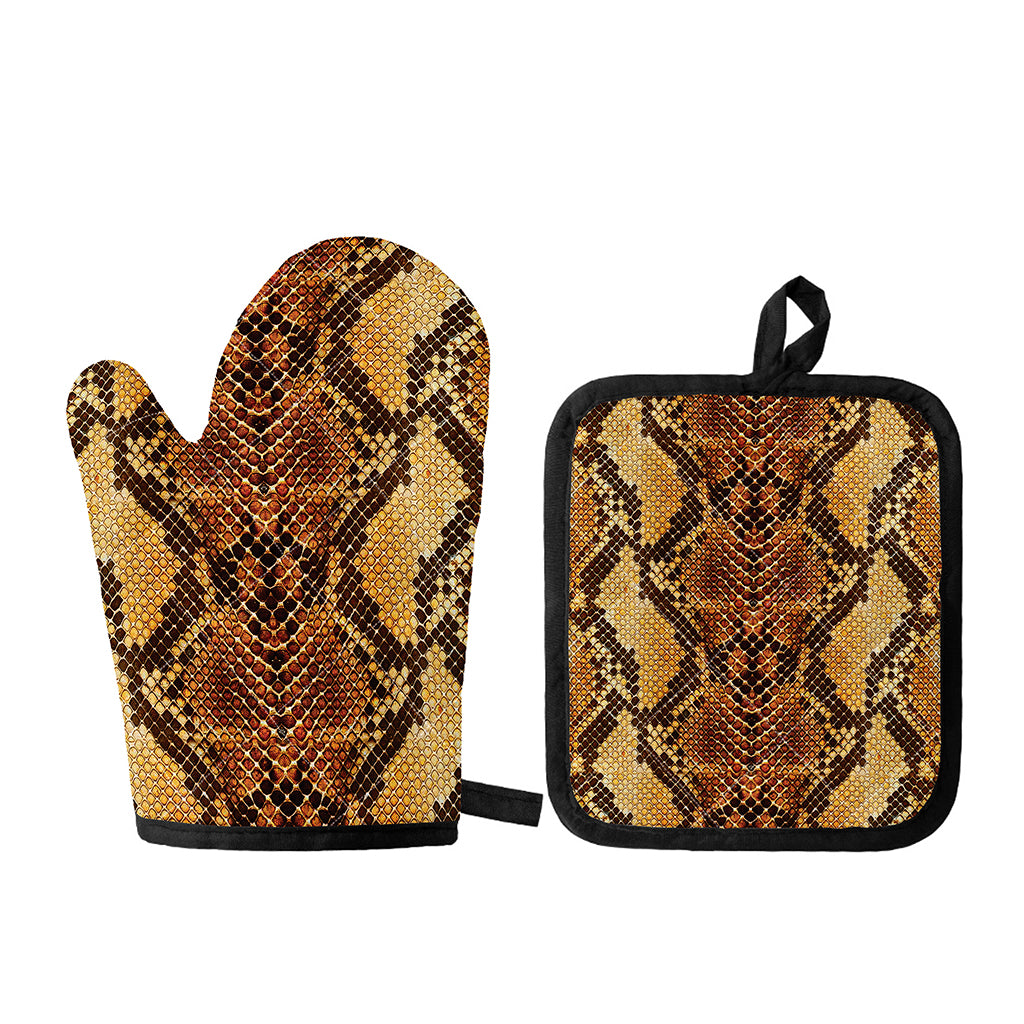 Yellow And Brown Snakeskin Print Oven Mitt And Pot Holder Set