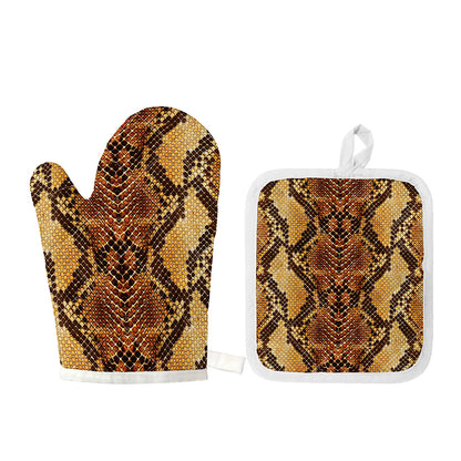 Yellow And Brown Snakeskin Print Oven Mitt And Pot Holder Set