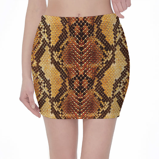 Yellow And Brown Snakeskin Print Pencil Mini Skirt