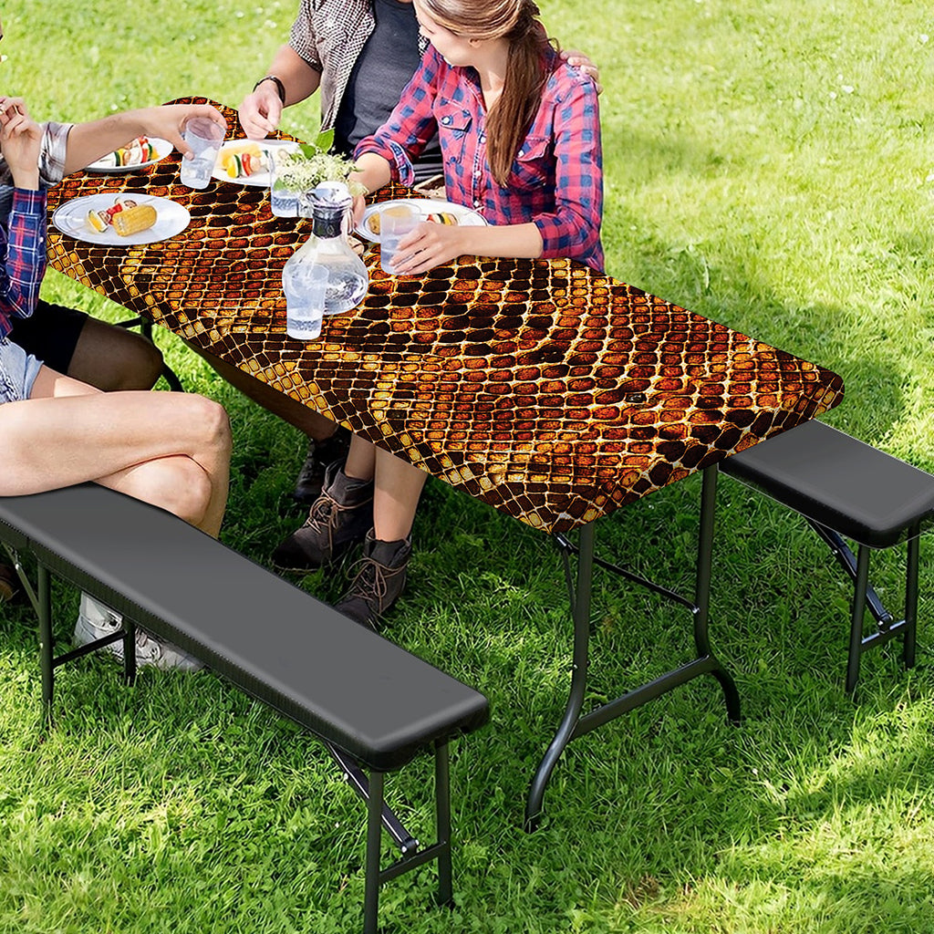 Yellow And Brown Snakeskin Print Picnic Table Cover