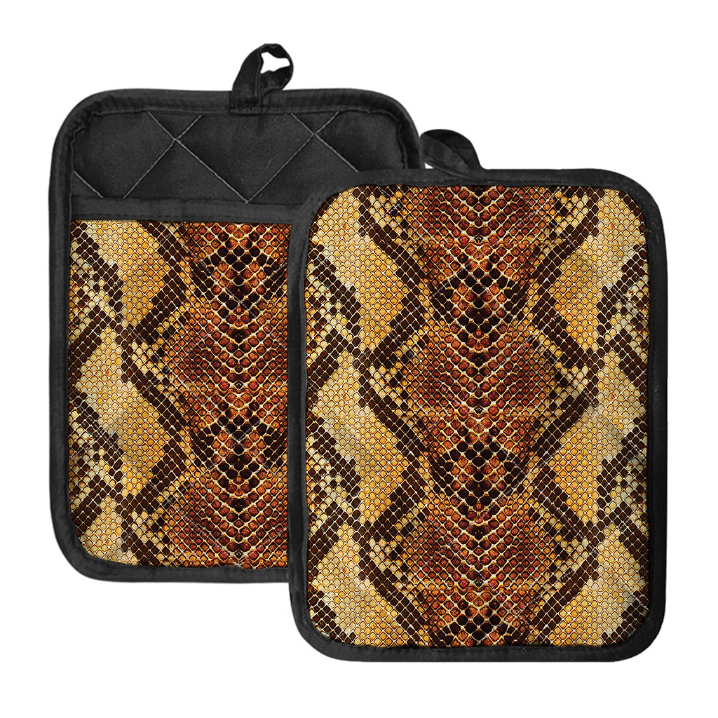 Yellow And Brown Snakeskin Print Pot Holders With Pocket