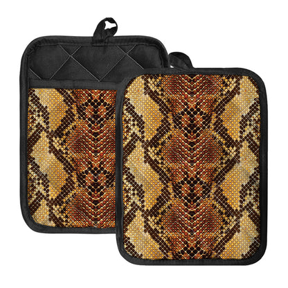 Yellow And Brown Snakeskin Print Pot Holders With Pocket