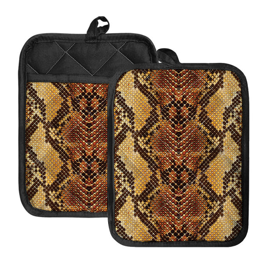 Yellow And Brown Snakeskin Print Pot Holders With Pocket