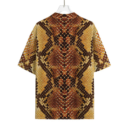 Yellow And Brown Snakeskin Print Rayon Hawaiian Shirt