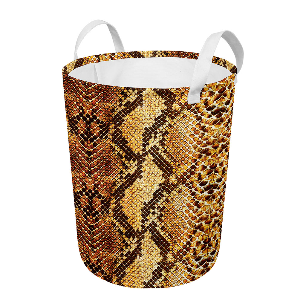 Yellow And Brown Snakeskin Print Round Laundry Basket