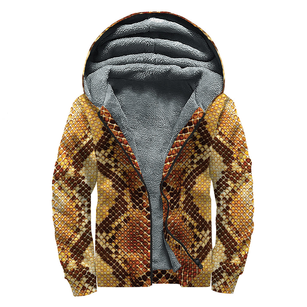 Yellow And Brown Snakeskin Print Sherpa Lined Zip Up Hoodie