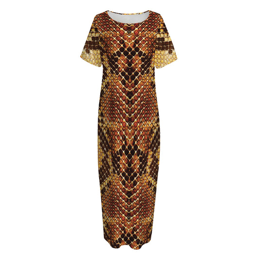 Yellow And Brown Snakeskin Print Short Sleeve Long Nightdress