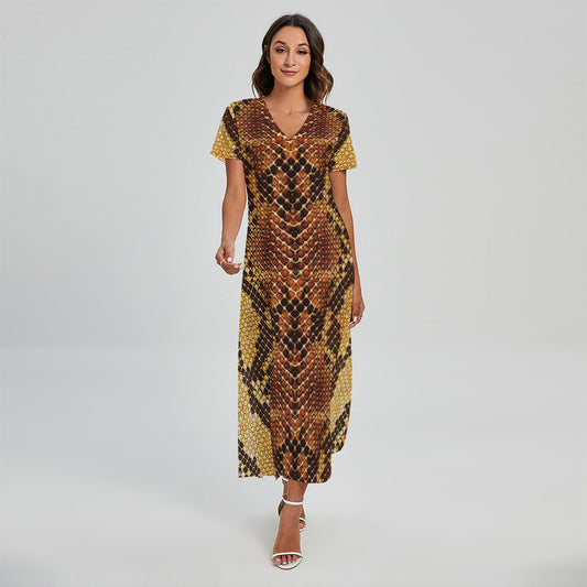 Yellow And Brown Snakeskin Print Short Sleeve Maxi Dress