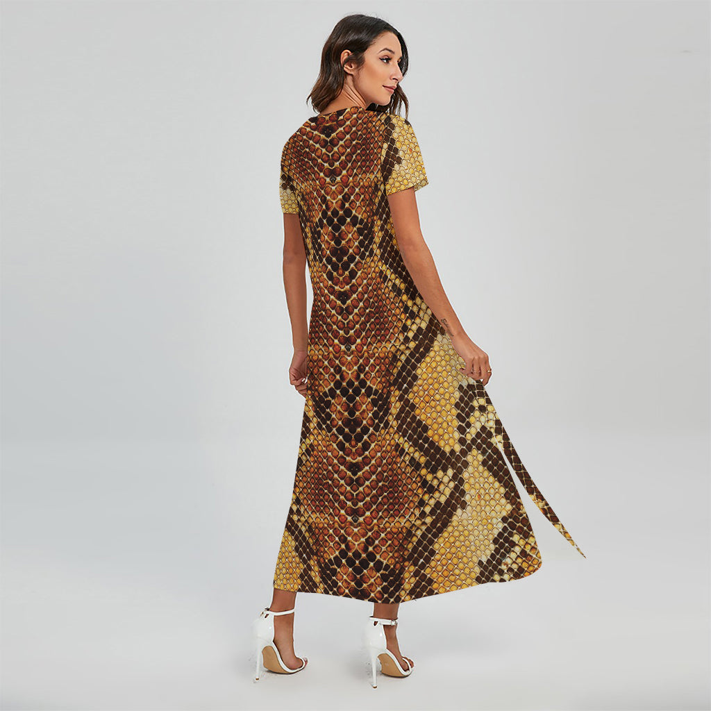 Yellow And Brown Snakeskin Print Short Sleeve Maxi Dress Yellow And Brown Snakeskin Print Short Sleeve Maxi Dress
