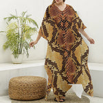 Yellow And Brown Snakeskin Print Silk V-Neck Kaftan Dress