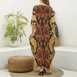 Yellow And Brown Snakeskin Print Silk V-Neck Kaftan Dress