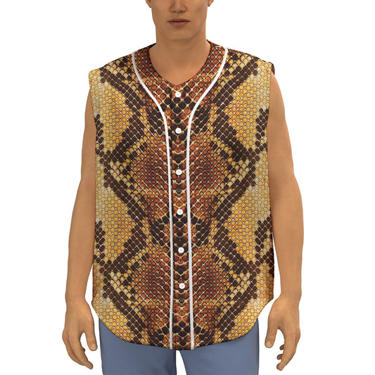 Yellow And Brown Snakeskin Print Sleeveless Baseball Jersey