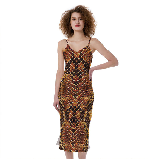 Yellow And Brown Snakeskin Print Slim Fit Midi Cami Dress