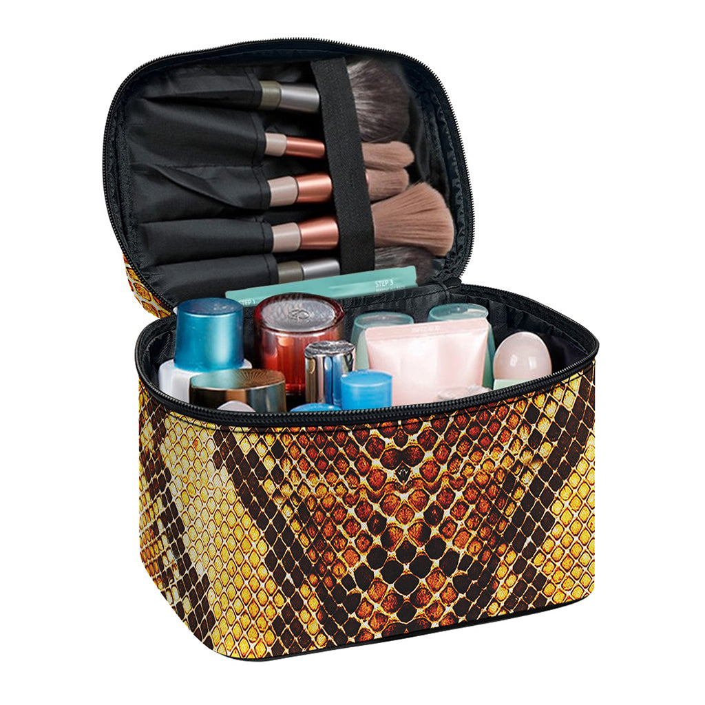 Yellow And Brown Snakeskin Print Travel Makeup Bag