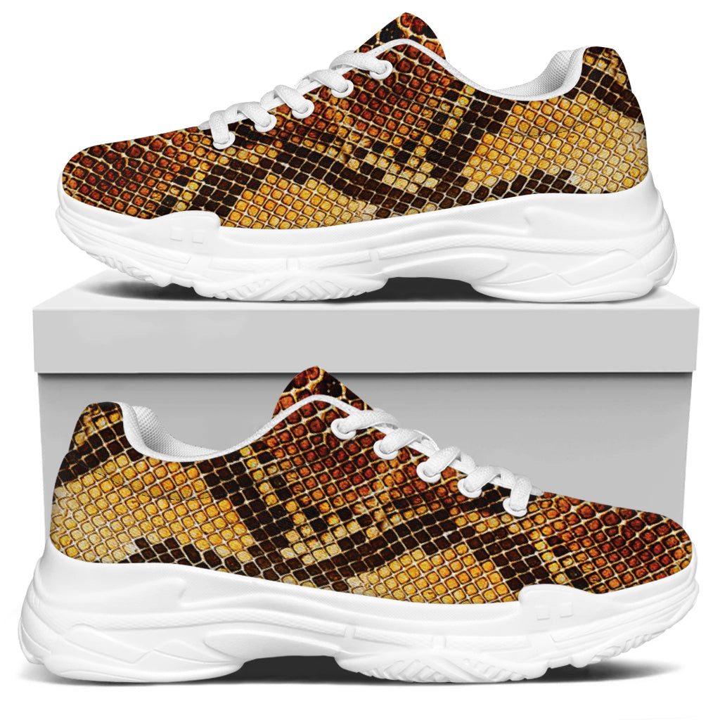 Yellow And Brown Snakeskin Print White Chunky Shoes