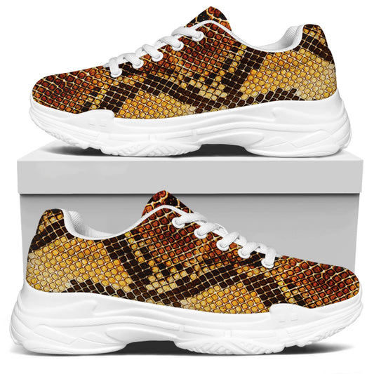Yellow And Brown Snakeskin Print White Chunky Shoes