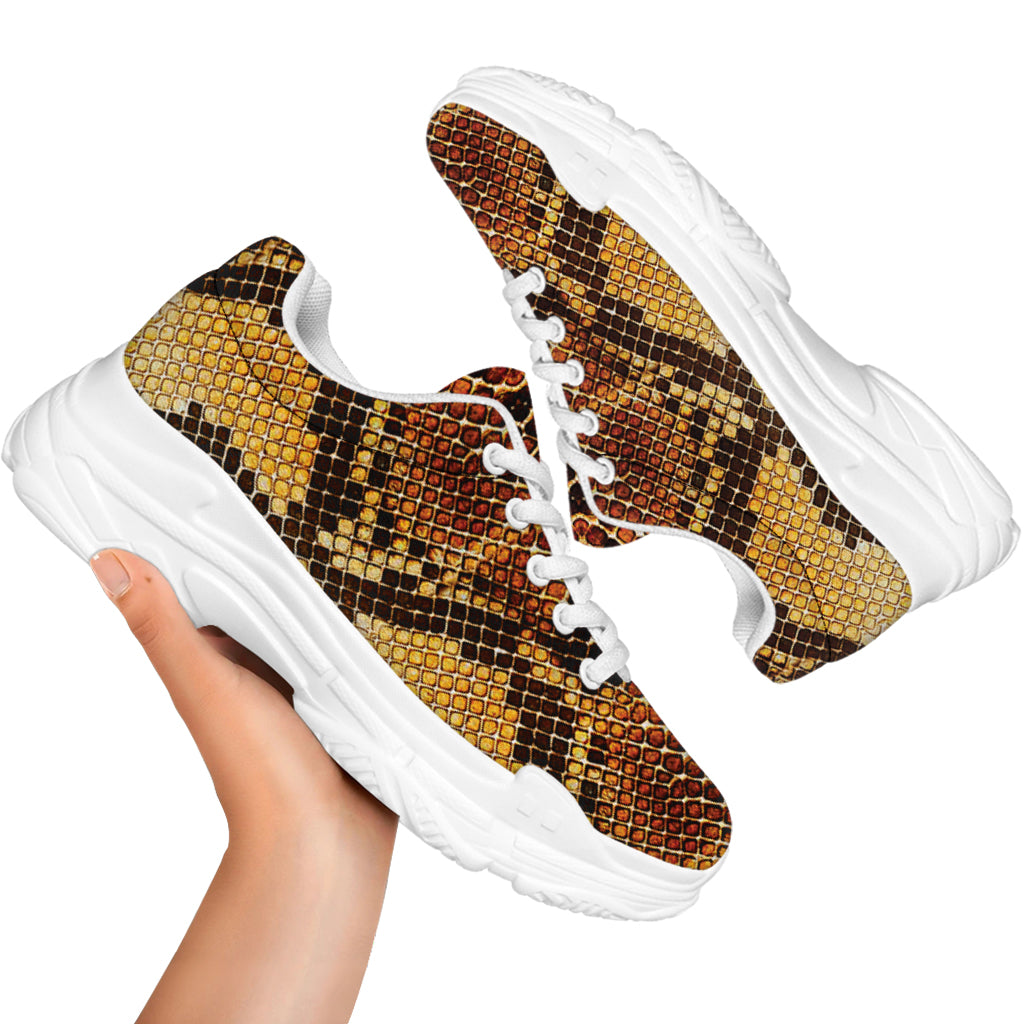 Yellow And Brown Snakeskin Print White Chunky Shoes