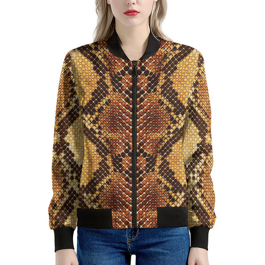 Yellow And Brown Snakeskin Print Women's Bomber Jacket