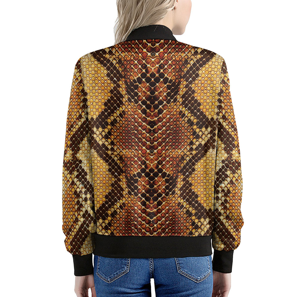 Yellow And Brown Snakeskin Print Women's Bomber Jacket