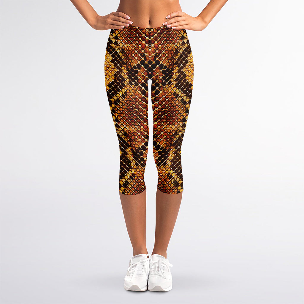 Yellow And Brown Snakeskin Print Women's Capri Leggings