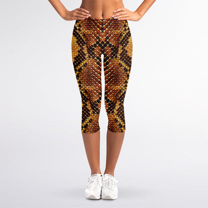 Yellow And Brown Snakeskin Print Women's Capri Leggings