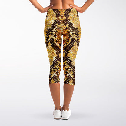 Yellow And Brown Snakeskin Print Women's Capri Leggings