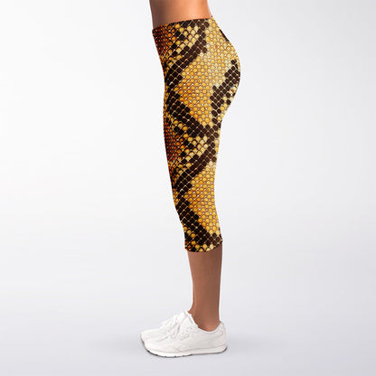 Yellow And Brown Snakeskin Print Women's Capri Leggings