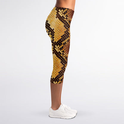Yellow And Brown Snakeskin Print Women's Capri Leggings