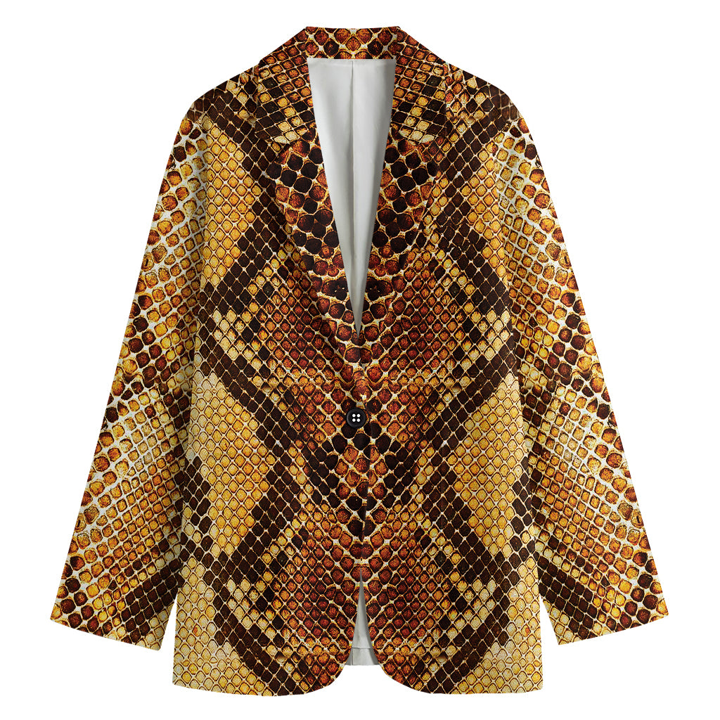 Yellow And Brown Snakeskin Print Women's Cotton Blazer