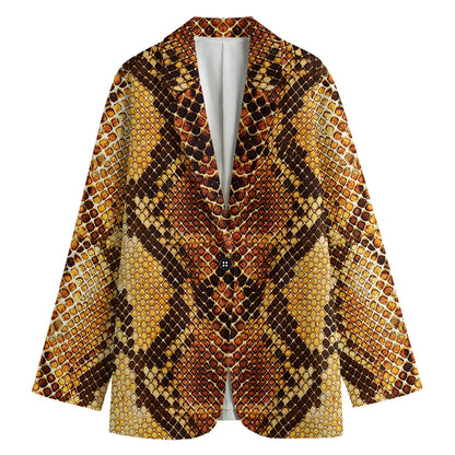 Yellow And Brown Snakeskin Print Women's Cotton Blazer