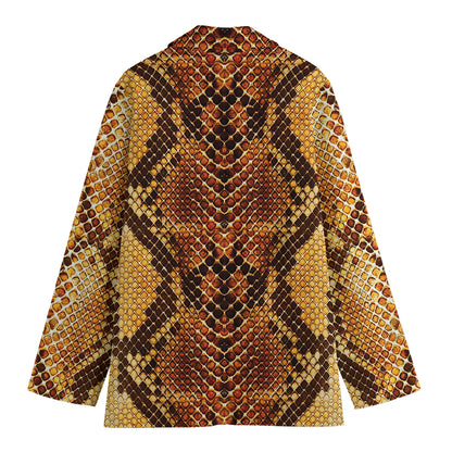 Yellow And Brown Snakeskin Print Women's Cotton Blazer