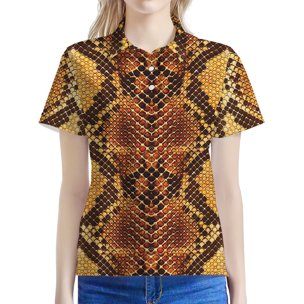 Yellow And Brown Snakeskin Print Women's Polo Shirt