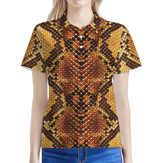 Yellow And Brown Snakeskin Print Women's Polo Shirt