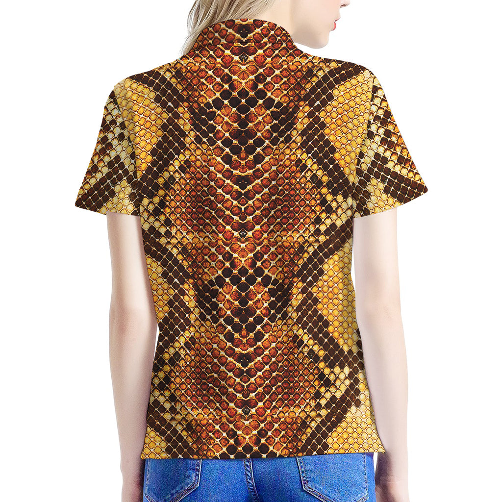 Yellow And Brown Snakeskin Print Women's Polo Shirt