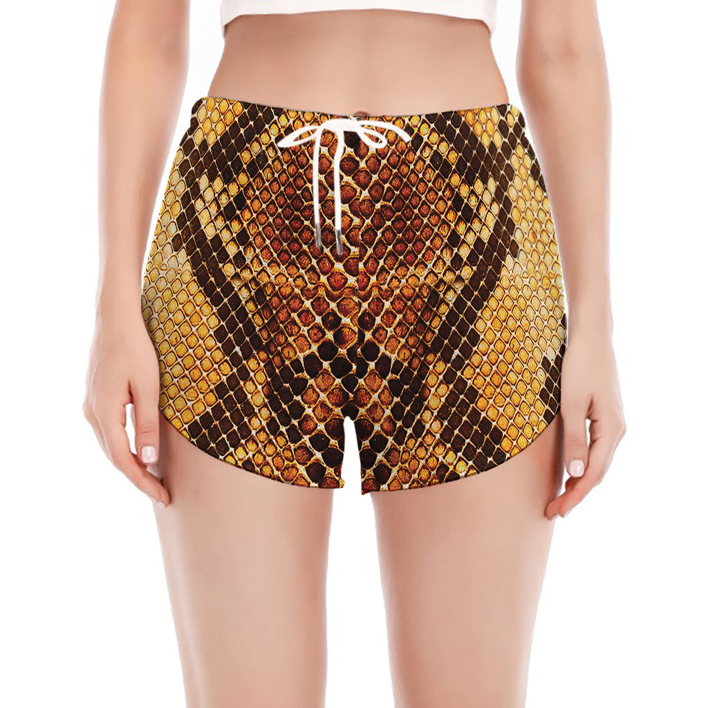Yellow And Brown Snakeskin Print Women's Split Running Shorts
