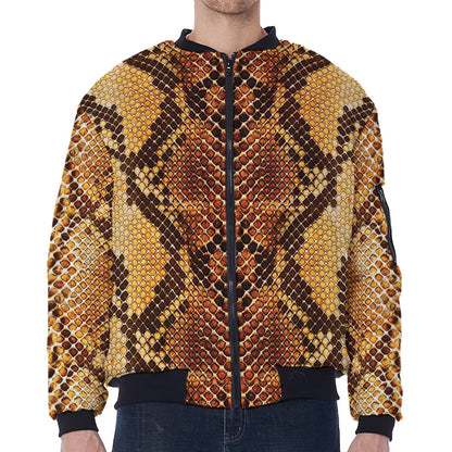 Yellow And Brown Snakeskin Print Zip Sleeve Bomber Jacket