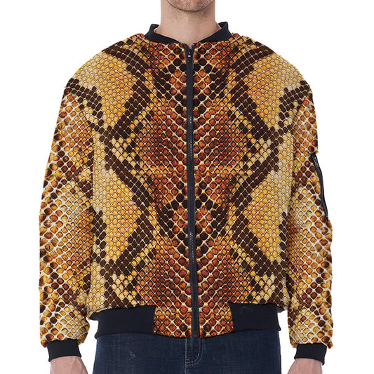 Yellow And Brown Snakeskin Print Zip Sleeve Bomber Jacket