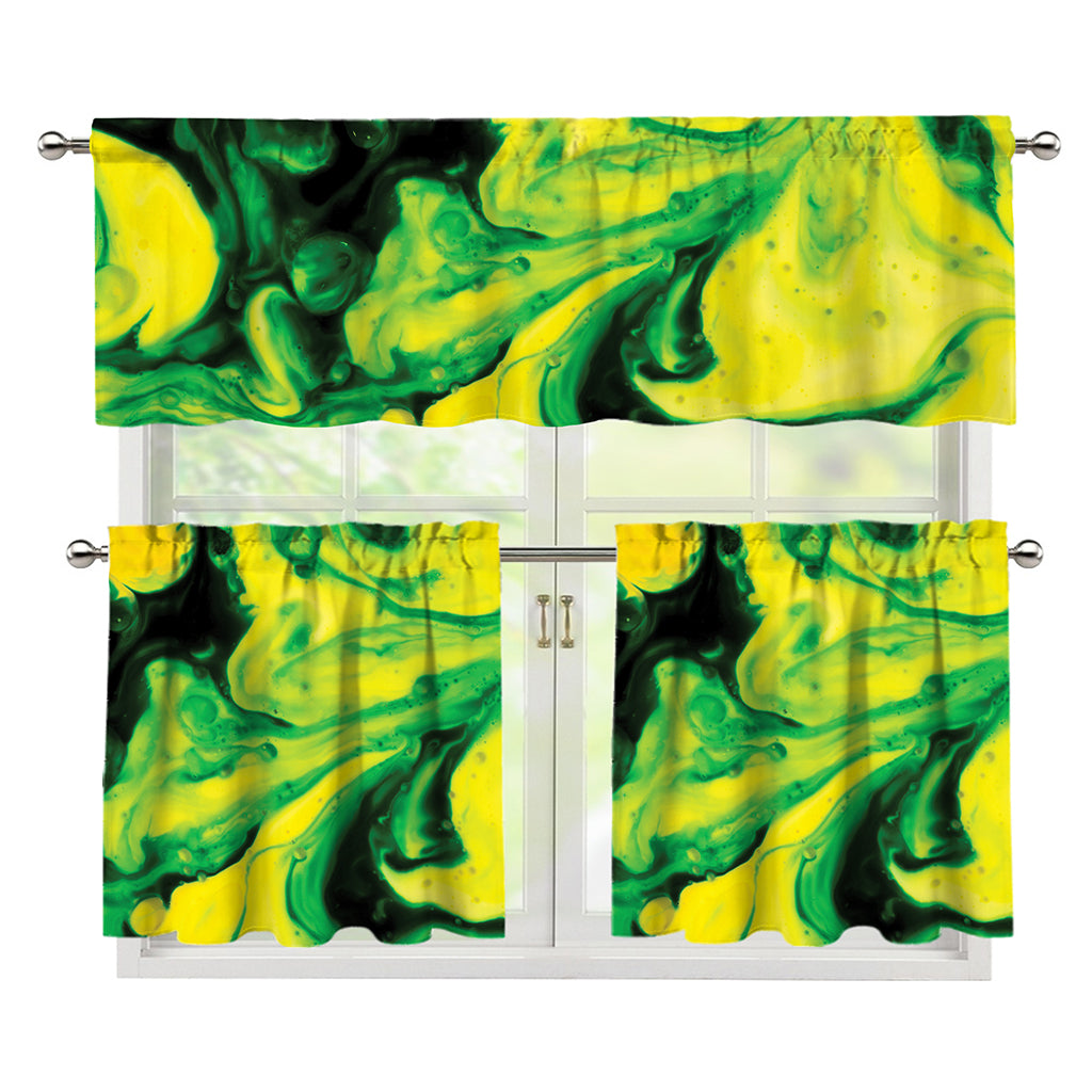 Yellow And Green Acid Melt Print 3 Piece Kitchen Curtains