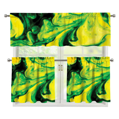 Yellow And Green Acid Melt Print 3 Piece Kitchen Curtains