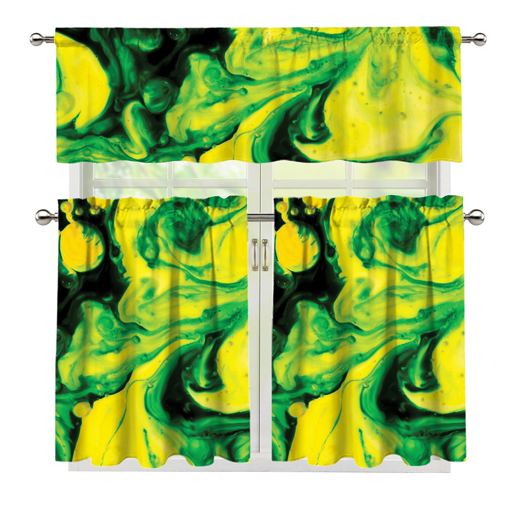 Yellow And Green Acid Melt Print 3 Piece Kitchen Curtains