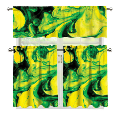 Yellow And Green Acid Melt Print 3 Piece Kitchen Curtains