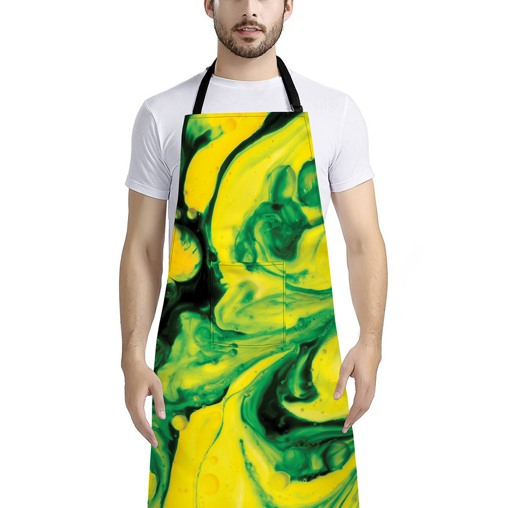 Yellow And Green Acid Melt Print Bib Apron With Pocket
