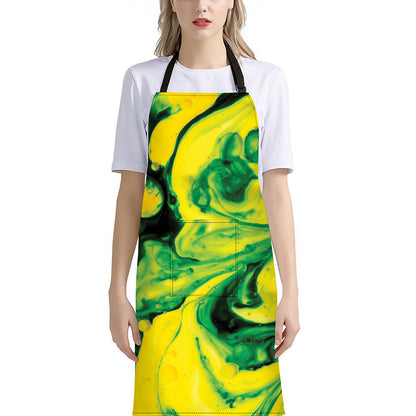 Yellow And Green Acid Melt Print Bib Apron With Pocket