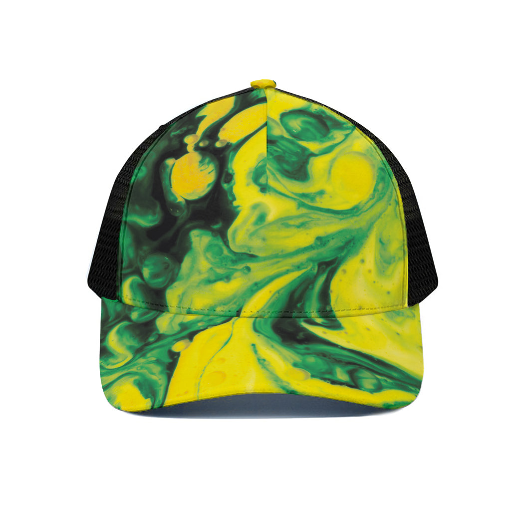 Yellow And Green Acid Melt Print Black Mesh Trucker Cap